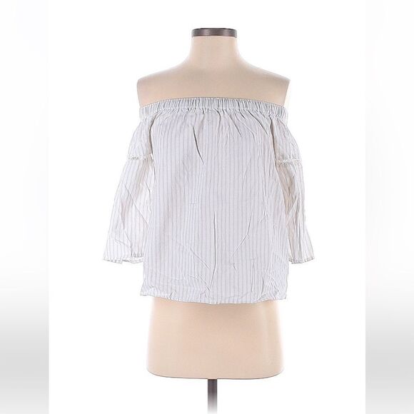 Abercrombie & Fitch Off The Shoulder Top Blouse White Grey Striped - Picture 2 of 3